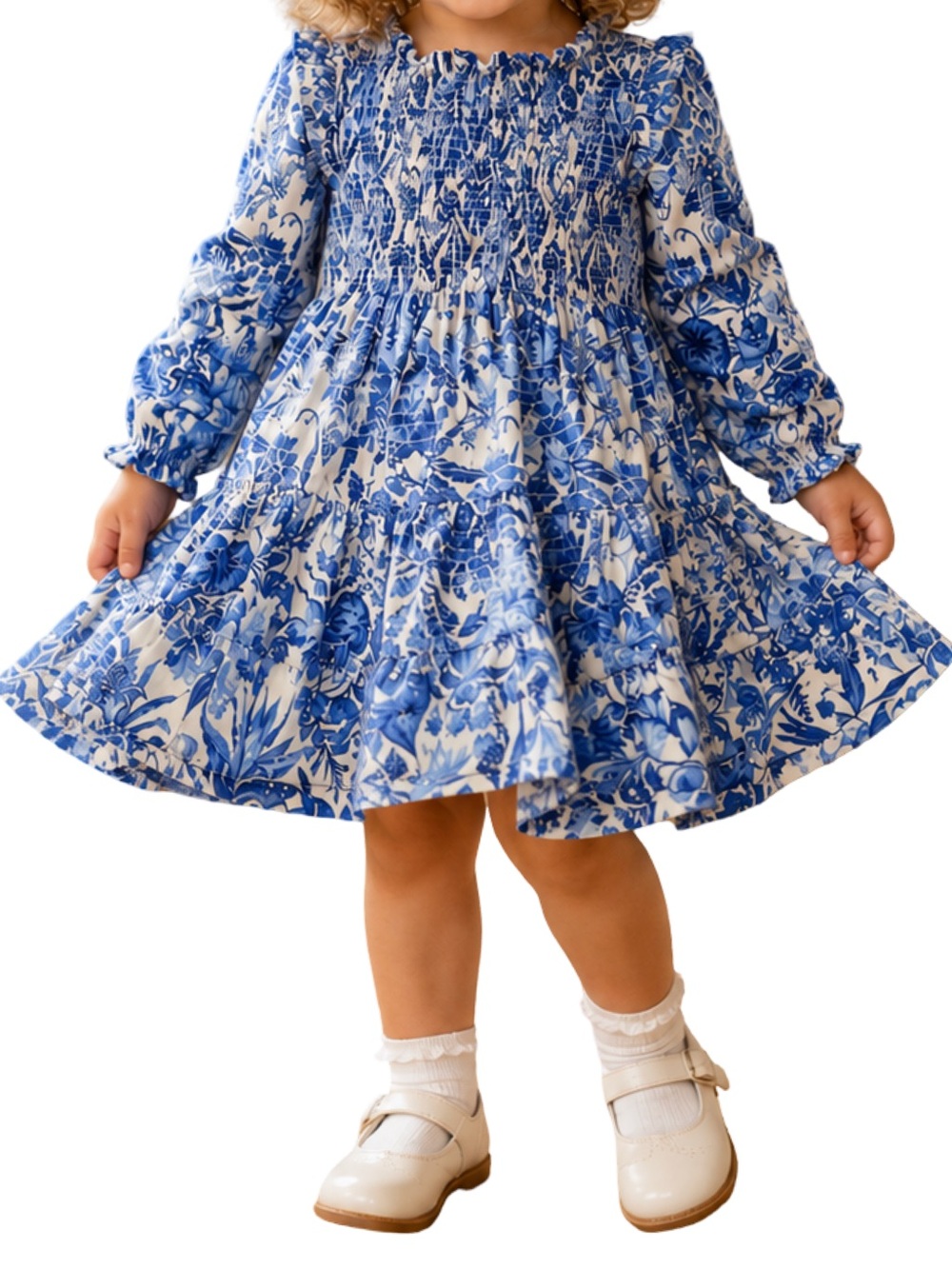 Ralph Lauren Floral Smocked Tiered Dress 4T Blue White Cotton NWOT